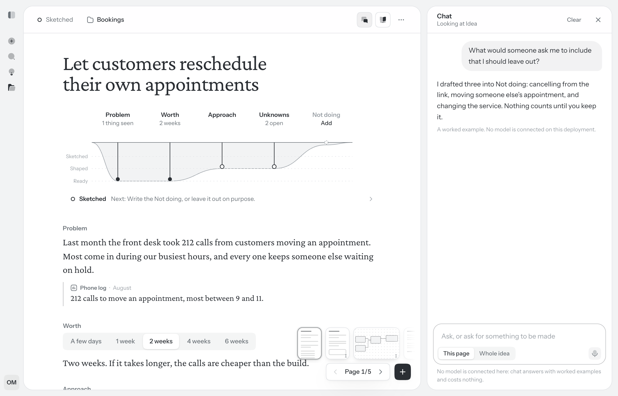 Chat open beside an idea, with a draft on the page and its card in the thread