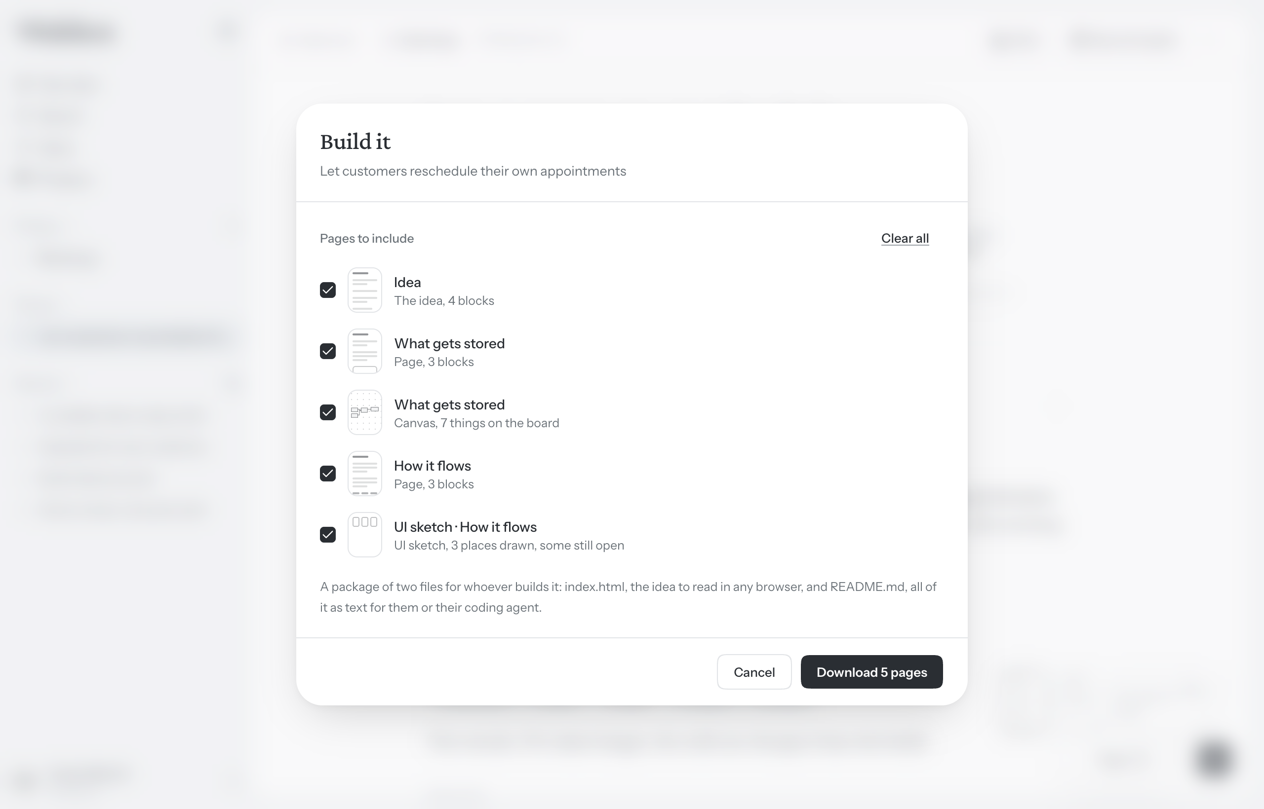 The Build it dialog, with the pages to include on one side and what is still open on the other