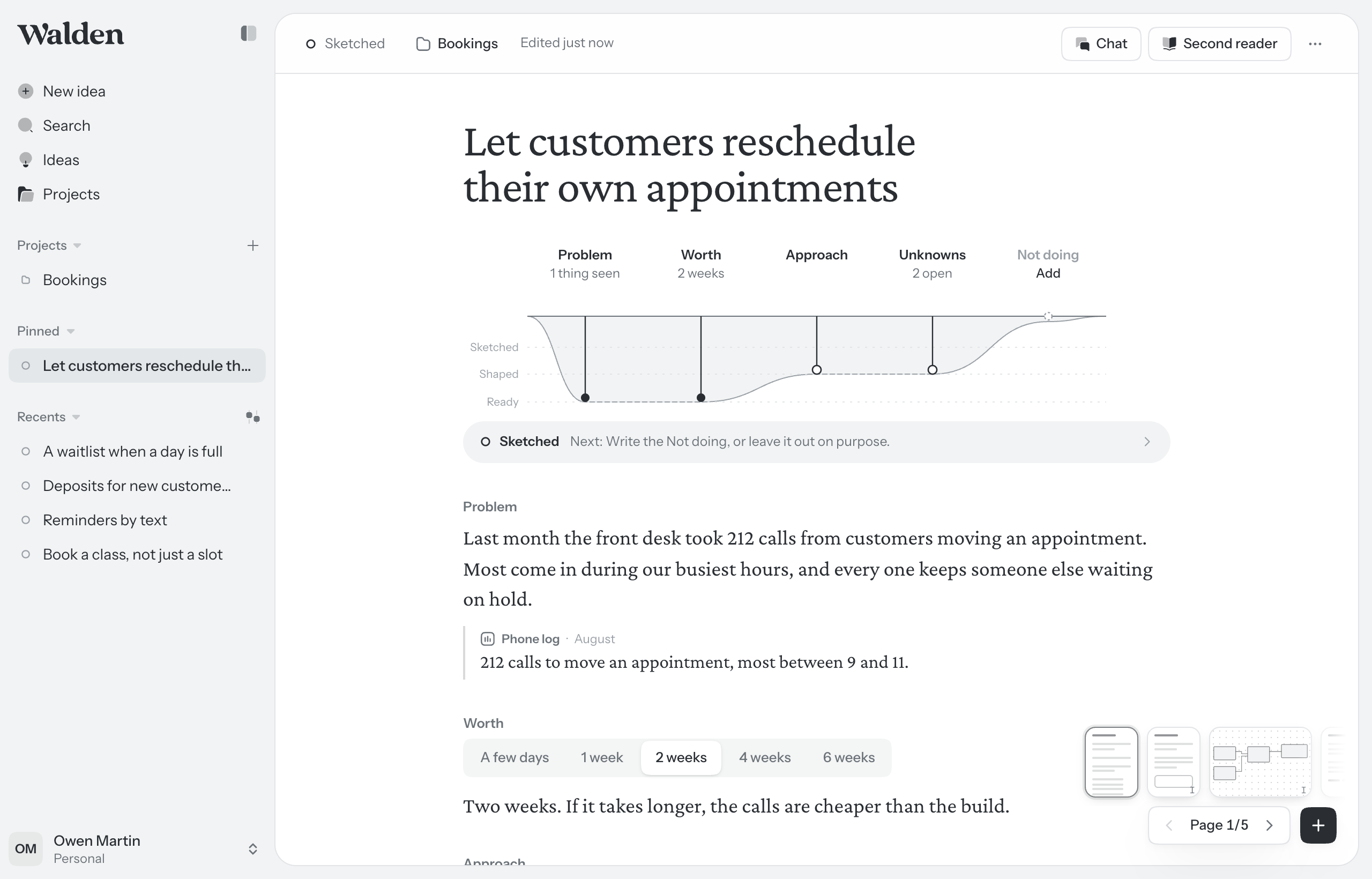 An idea open in Walden: the Problem, what it’s Worth and the Approach, with the sidebar beside it