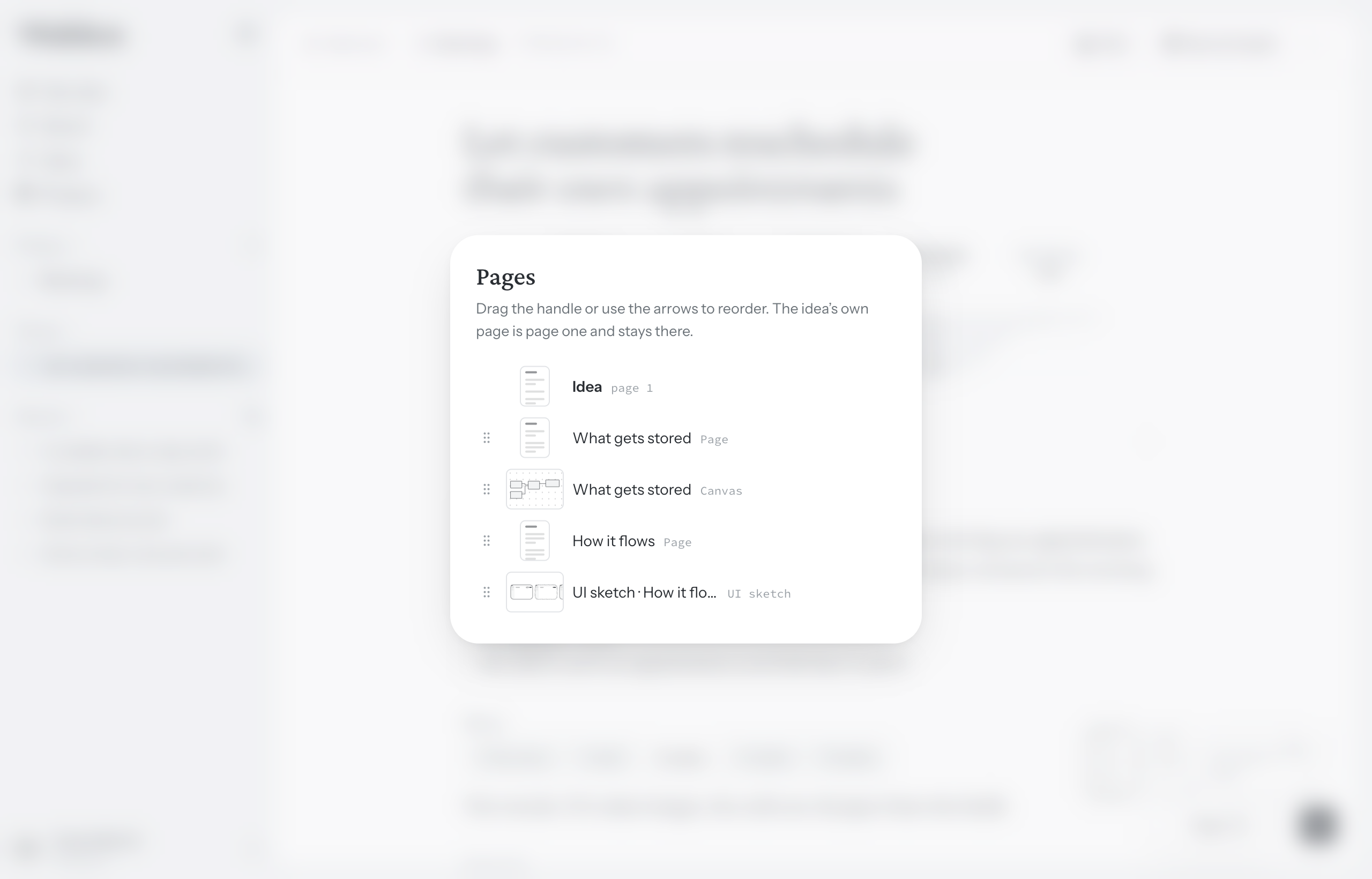 The Pages dialog over an idea, listing every page with a handle to drag it by