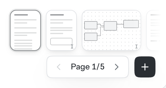 The page strip: small pictures of a written page, a second page and a board, with the Page 1/5 counter and the + button