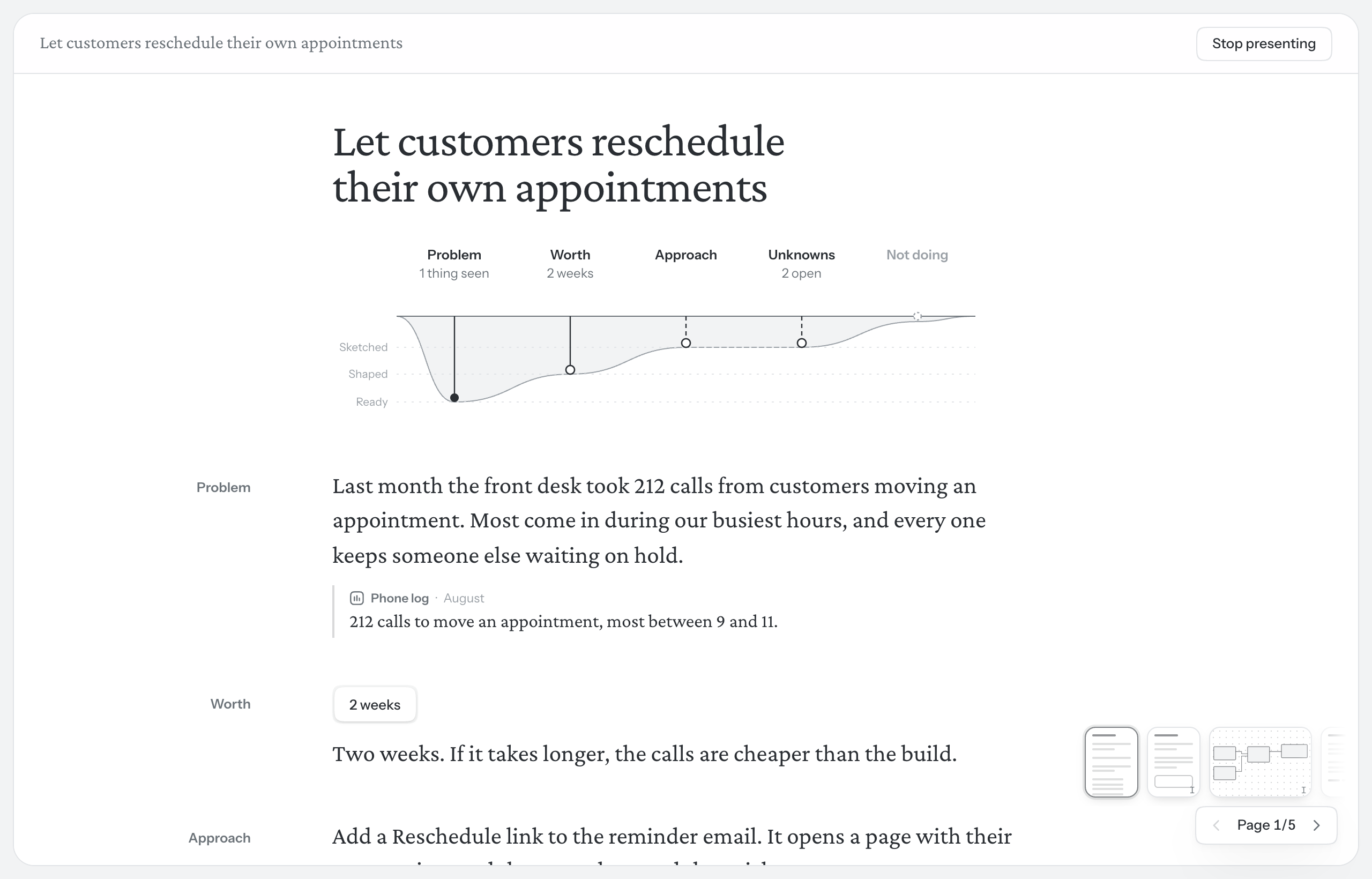 An idea in Present: the page fills the window, with Stop presenting at the top and the page strip at the bottom