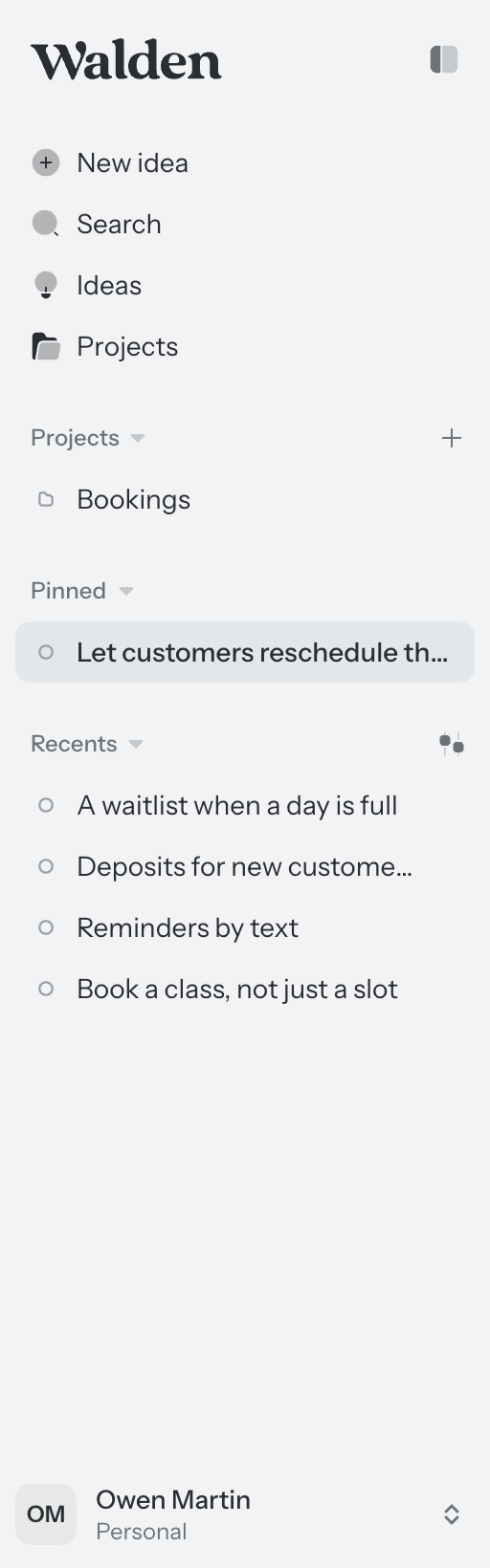 The sidebar beside an open idea: New idea, Search, Ideas and Projects at the top, then Pinned and Recents