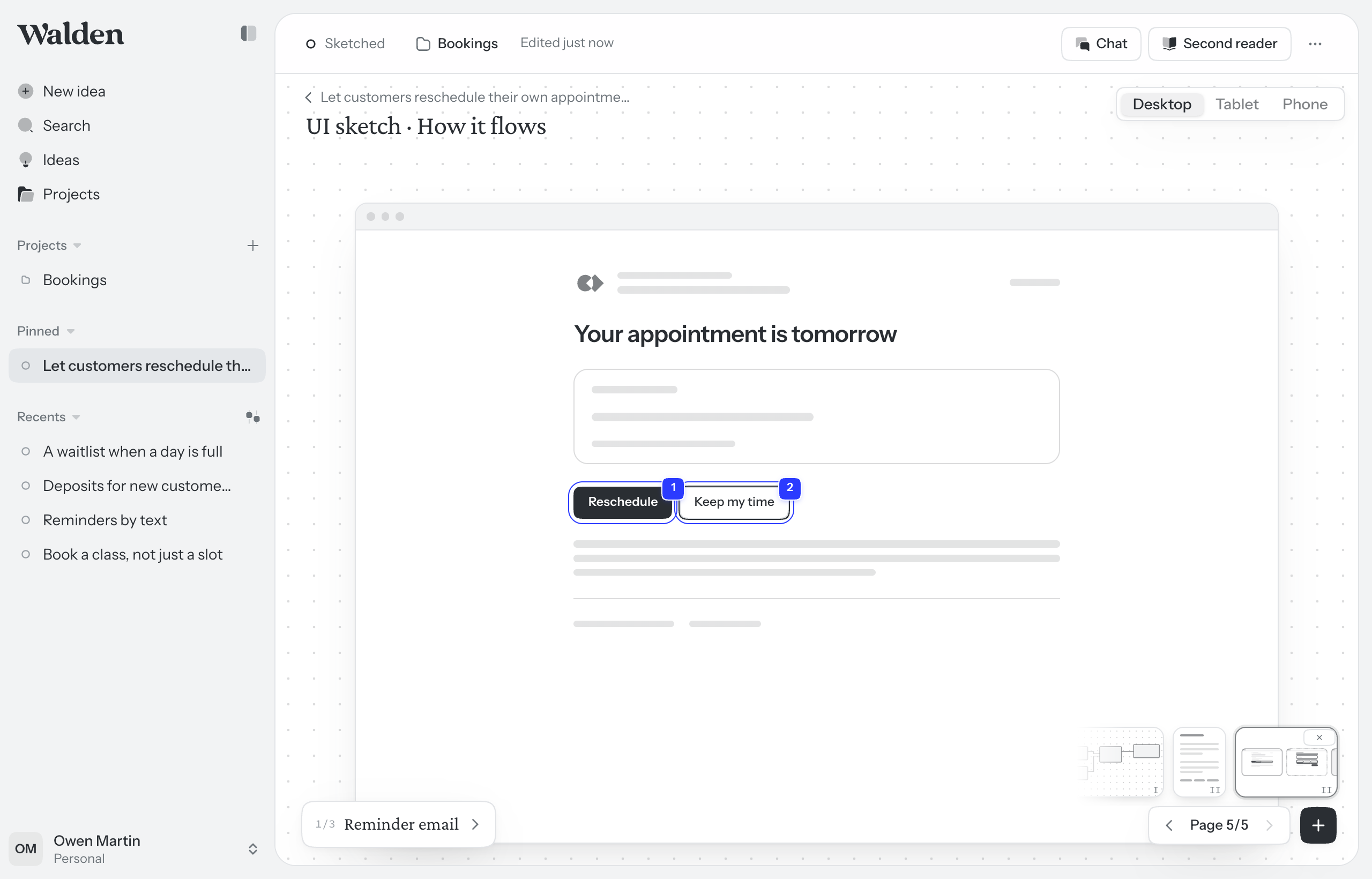 A UI sketch open in Walden: one screen drawn on desktop, with the Places list beside it