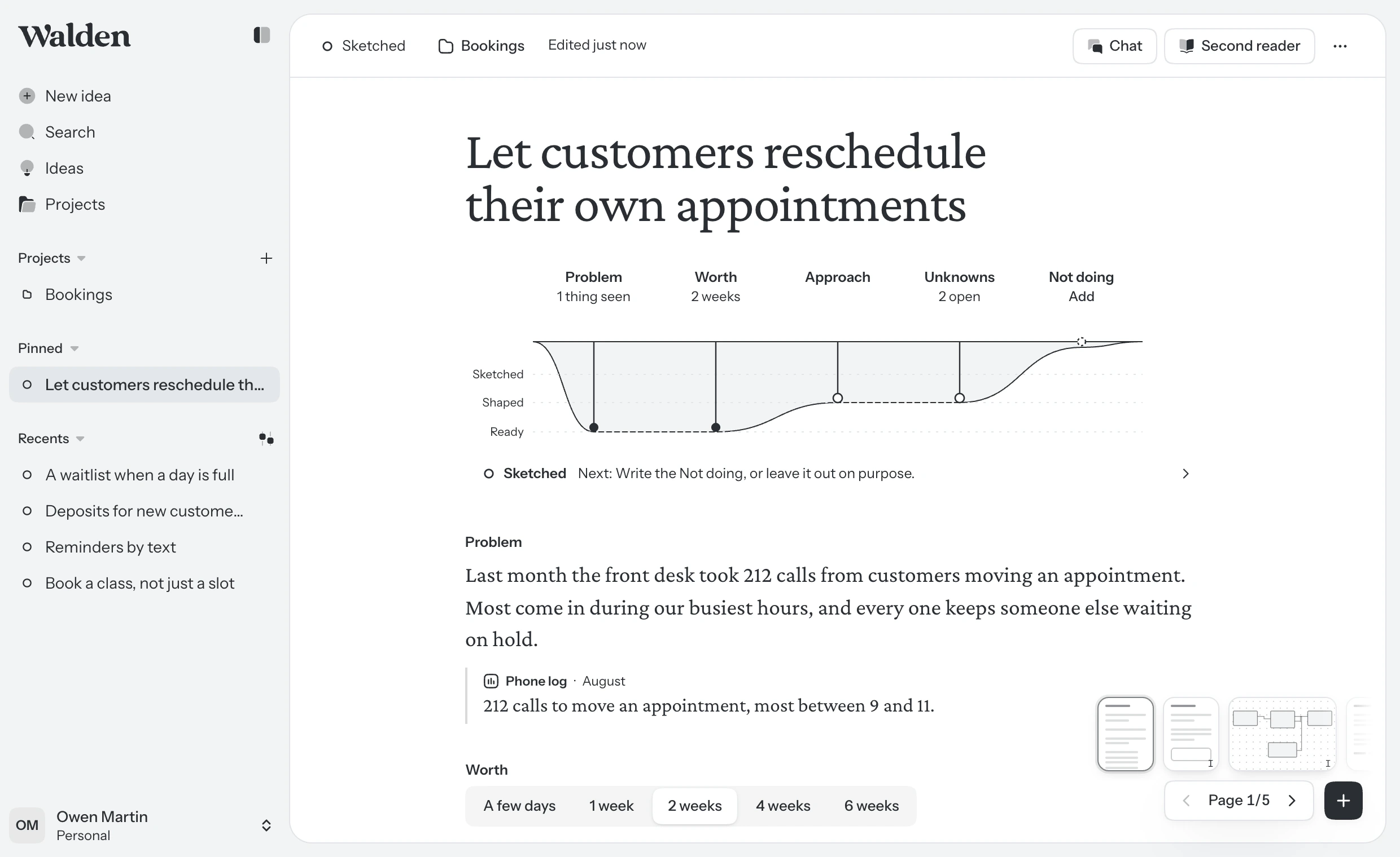 A sample idea open in Walden: Let customers reschedule their own appointments. Under its title, how deep each part of the idea goes; then the problem, with a count from the phone log, and what it is worth.